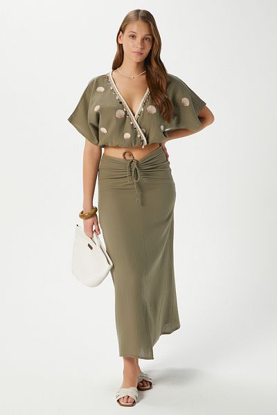 Ritnice Women's Nara Muslin Khaki Oyster Embroidered Blouse Skirt Bottom Top Set