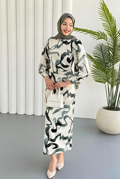 Modaensarbutik Yandan Büzgülü Batik Desen Tesettür Elbise-YEŞİL