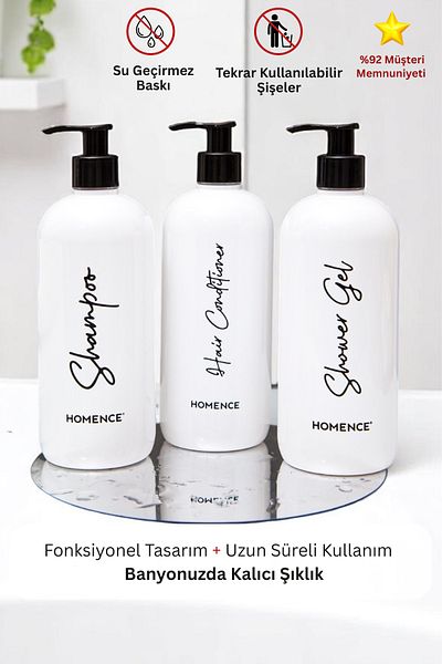 homence Shampoo Shower Gel Conditioner Printed Plastic Bottle Bathroom Set 3-Piece White Soap Dispenser 500ml
