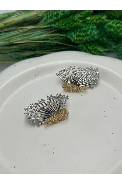 MyladyAccessoriess Double Color and Zircon Stone Detailed Wing Earrings (Steel)