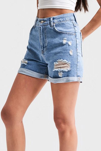 its basic Blugi de culoare denim cu talie înaltă model rupt