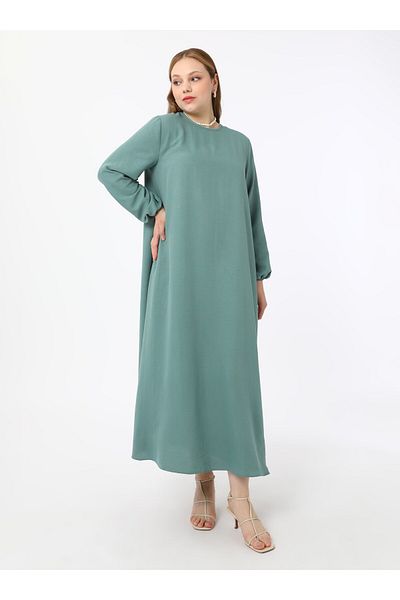 ALİA Large Size Basic Aerobin Dress with Elastic Sleeves - Green - Alia