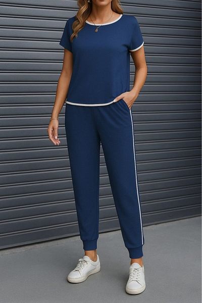 JANES Set de două piese pentru femei, cu mâneci scurte, cu gât de barcă, bluză din viscoză și pantaloni cu șireturi