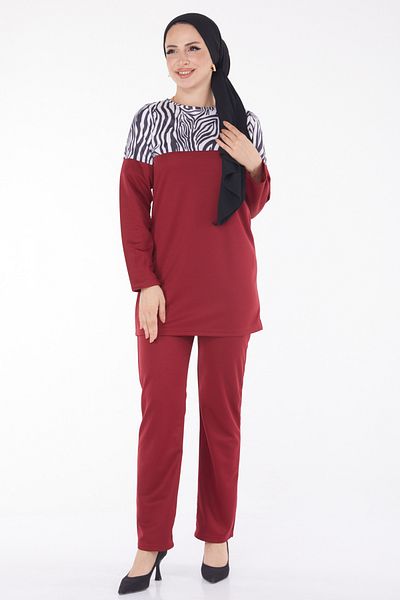 TOFİSA Leopard Garnished Double Suit Claret Red - 13210