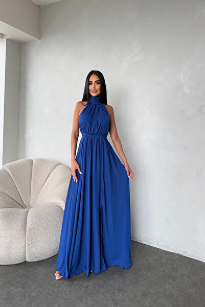 LİLA İSTANBUL Halter Yaka Pileli Özel Tasarım Şifon Yırtmaç Detaylı Yazlık elbise