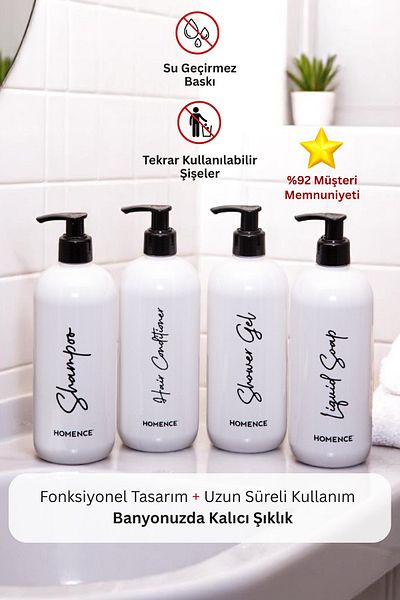 homence Shampoo Shower Gel Conditioner Liquid Soap Printed Plastic Bottle Bathroom Set of 4 White Soap Dispenser 500ml