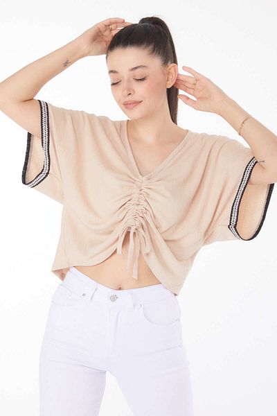 TOFİSA V-Neck Gather Detailed Blouse Beige - 25837