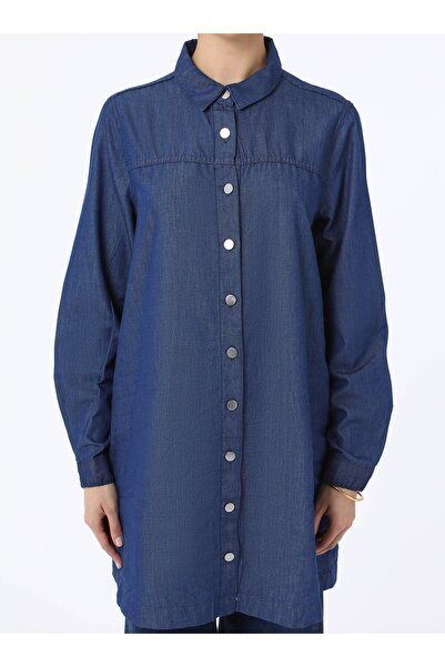 Refka Düğme Detaylı Denim Tunik - Koyu Mavi- Refka