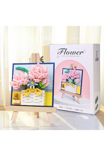 OBRO 3D Botanical Construction Set for Adults, Stand, Flower Frame, Plastic, 778 Pieces, Pink