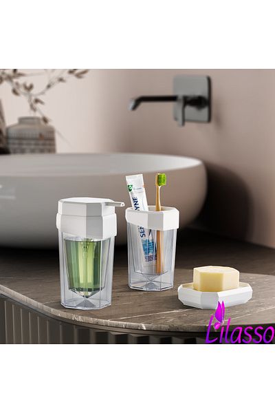 Lilasso Special Design 3-Piece Bathroom Set - Soap Dish - Toothbrush Holder - Liquid Soap Dispenser