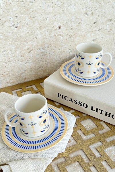 porselenden Blue Eye Premium Porselen 4 Parça 2 Kişilik Kahve Fincan Takımı 90 ml Gold Nazar Göz Özel Tasarım