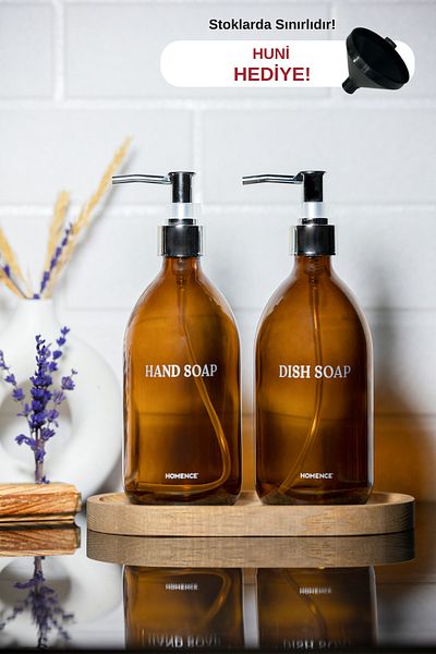 homence Amber Glass Set of 2 - 500ml Soap Dish with Wooden Stand and Silver Lid