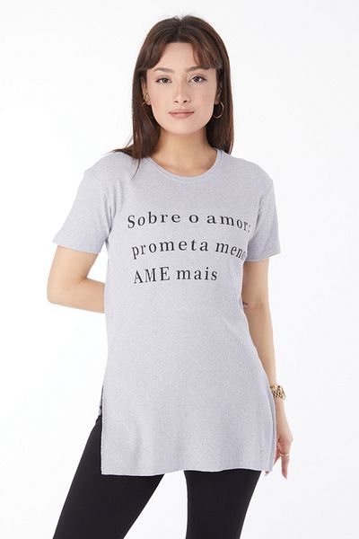 TOFİSA Printed Slit T-Shirt Gray - 24792