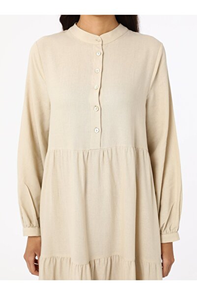 Benin Keten Karışımlı Düğme Detaylı Tesettür Elbise - Bej - Benin