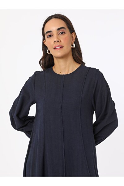 Benin Linen Blended Hijab Dress with Stitching Detail - Navy Blue - Benin