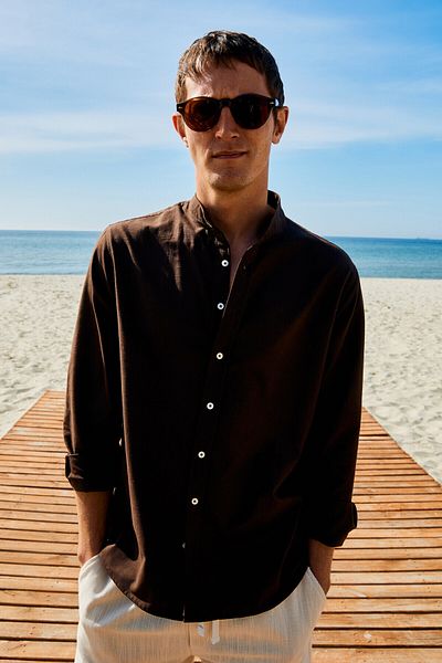 GRIMELANGE Jezer Men's Judge Collar Long Sleeve 100% Cotton Regular Fit Bitter Brown Shirt