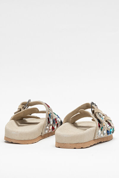 Dericlub Women's Stoned Double Striped Slippers Real Suede Leather Zy 8028 Beige