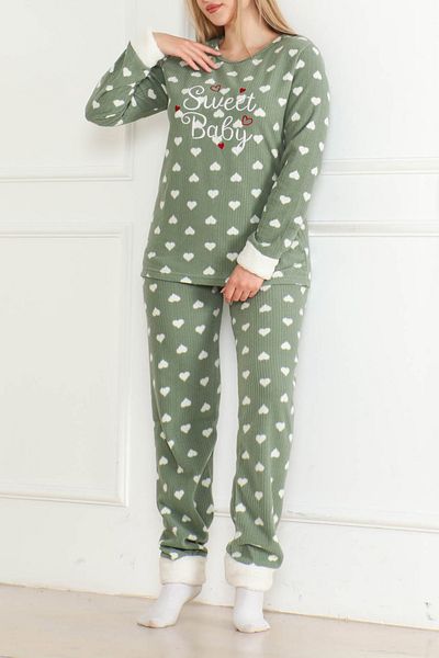 TOFİSA Embroidered Plush Fleece Pajama Set Khaki - 26636