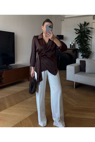 Haticepalas Double Breasted Collar Tie Satin Blouse