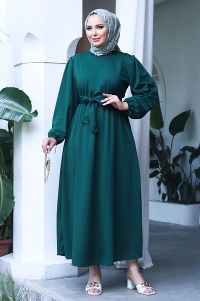 TOFİSA Green Gathered Γυναικείο Φόρεμα - Απλό Crew Neck - 13246