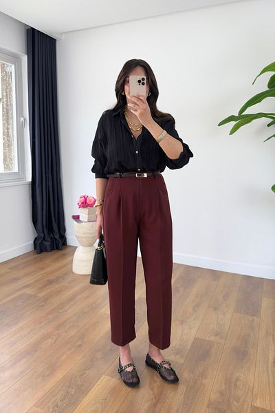 BİRCANÇİL Frons Burgundy Belted Cap Pocket Carrot Pants