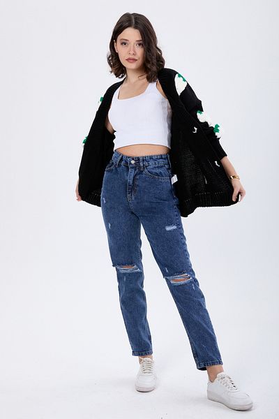 TOFİSA Mom Jeans Laser Denim Trousers Dark Blue - 23810