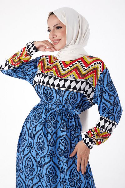 TOFİSA Blue Patterned Women's Dress - Plain Crew Neck - 26233