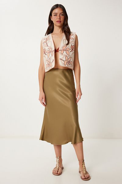 Lovelyİstanbul Fusta Midi din Satin KHAKI LNS0068