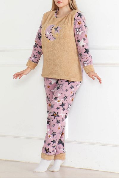 TOFİSA Embroidered Plush Fleece Pajama Set Beige - 26637