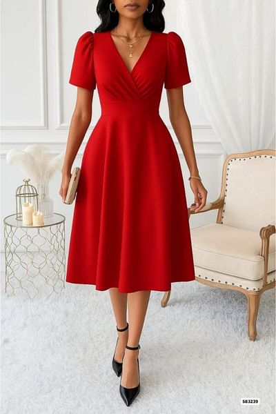 JANES Women's Double Breasted Collar Short Sleeve Midi Length Crepe Fabric Dress