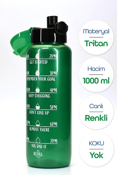 Telvesse Water Canteen Tritan Wide Mouth Water Bottle Motivational Sports Flask Waterer Bpa-Free 1000ml Green T0103