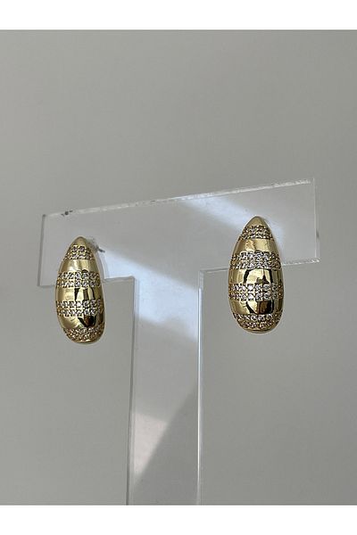 JELLY Women's Steel Gold Colored Zircon Stone Detailed Stripe Patterned Oval Model Bottega Earrings