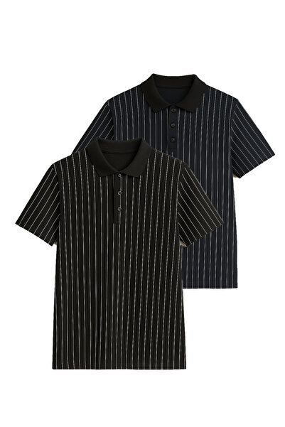 FATELLA Ανδρικό μπλουζάκι με 2 κουμπιά στο γιακά, με κάθετη γραμμή και μοτίβο...