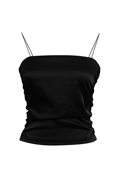 Keikei Siyah saten kolsuz crop top