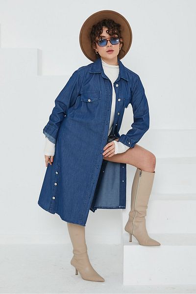 TOFİSA Women's Pocketed Side Buttoned Denim Trench Coat Dark Blue - 26658