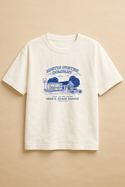 Altair Tr تي شيرت أبيض اللون كبير الحجم مطبوع عليه شركة أوستن أويستر للجنسين