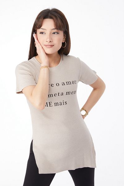 TOFİSA Printed Slit T-Shirt Beige - 24792