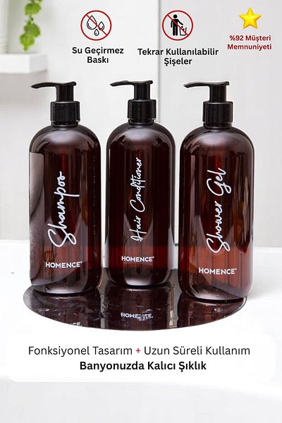 homence Shampoo Shower Gel Conditioner Printed Plastic Bottle Bathroom Set 3-Piece Amber Soap Dispenser 500 ml