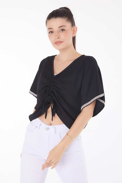 TOFİSA V-Neck Gather Detailed Blouse Black - 25837