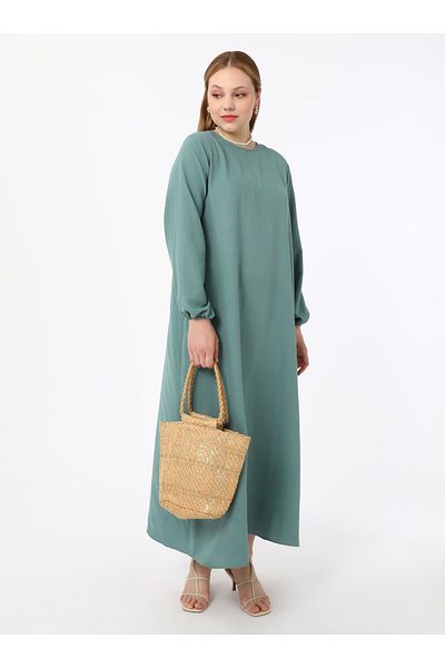 ALİA Large Size Basic Aerobin Dress with Elastic Sleeves - Green - Alia