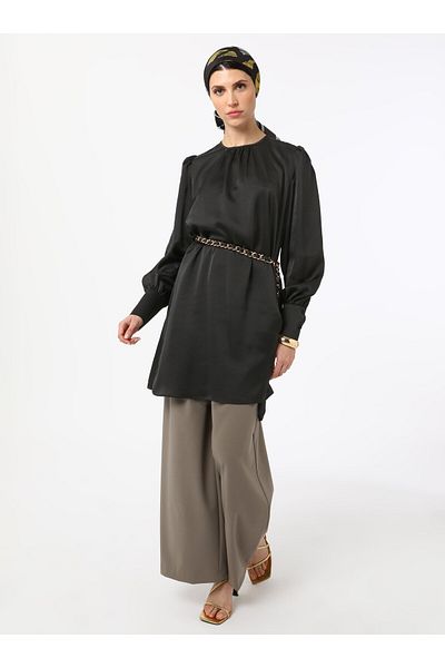 Refka Satin Tunic with Binding Detail - Black - Refka