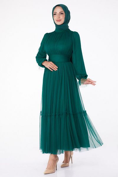 TOFİSA Green Tulle Straight Chief Collar Women's Evening Dress - 26189
