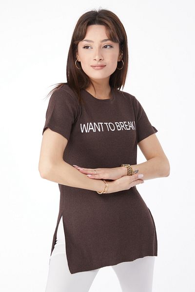 TOFİSA Printed Slit T-Shirt Brown - 24791