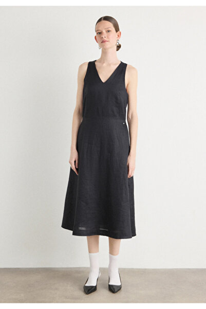 BOSS Kadın Rahat Kalıp V Yaka Kolsuz Midi Boy Siyah Elbise 50540512-001