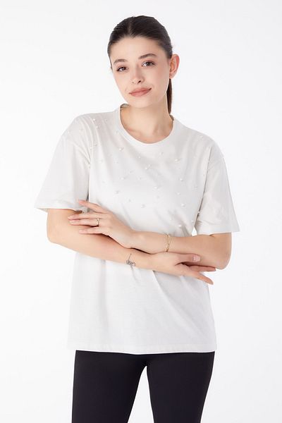 TOFİSA Pearl Detailed T-Shirt Ecru - 25473