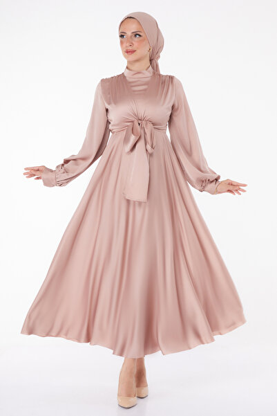 TOFİSA فستان سهرة برباط أمامي فرو منك - 25342