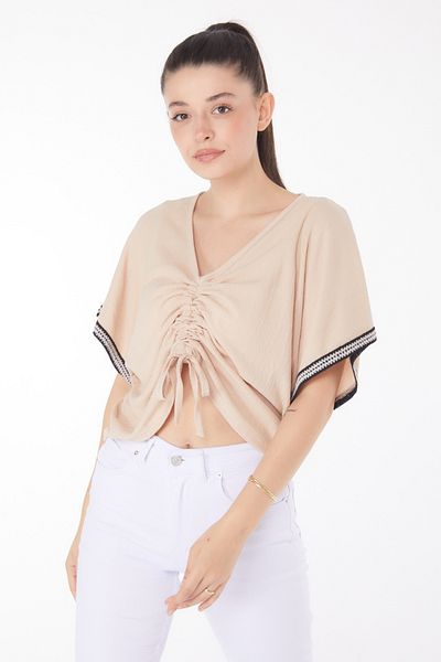 TOFİSA V-Neck Gather Detailed Blouse Beige - 25837
