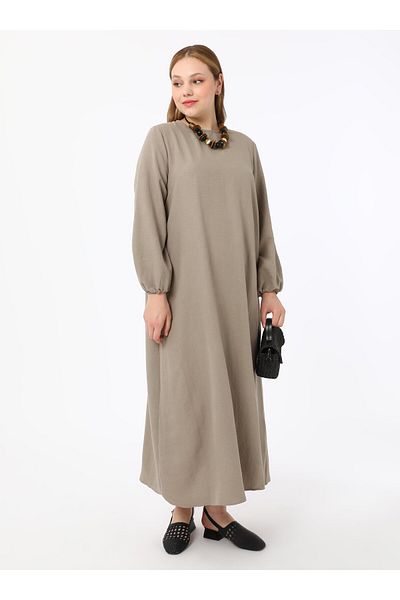 ALİA Plus Size Basic Aerobin Dress with Elastic Sleeves - Mink - Alia