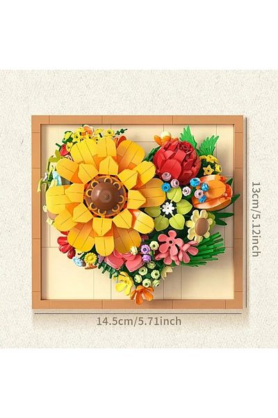 OBRO 3D Botanical Construction Set for Adults, Heart, Flower Frame, Plastic, 781 Pieces, Yellow
