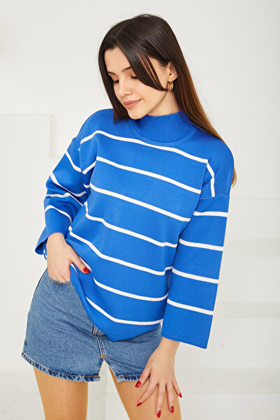 TOFİSA Saks Πολύχρωμο Ριγέ Πλεκτό Πουλόβερ - 26179